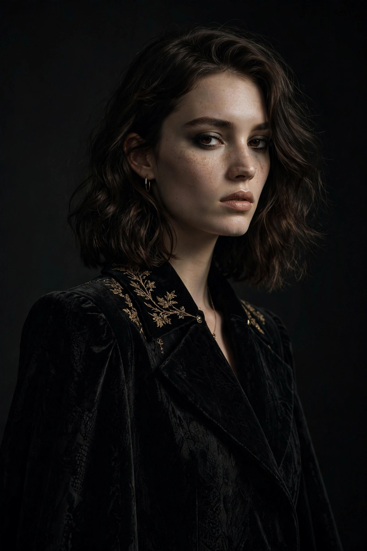Fashion creator in a black embroidered jacket under dramatic studio light